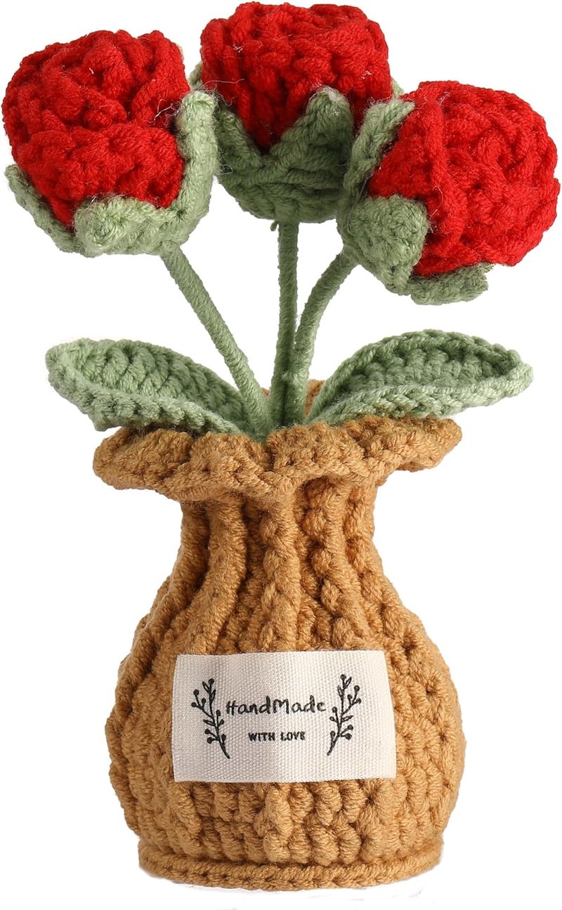 YOOJEE Crochet Flower Pot Valentines Day Gift for Women Him Her Boyfriend Girlfriend Couples Wife Husband Coworker Birthday Valentines Handmade Knitted Red Rose Birthday Wedding Home Decoration - Image 1
